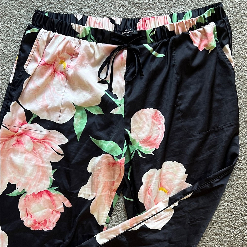 Soma Black and Pink Satin Floral Pajama Pants with Pockets